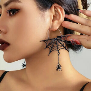 Halloween Sweet Cool Spider Mesh Fringe Earrings Dark Wind Metal Cutout
